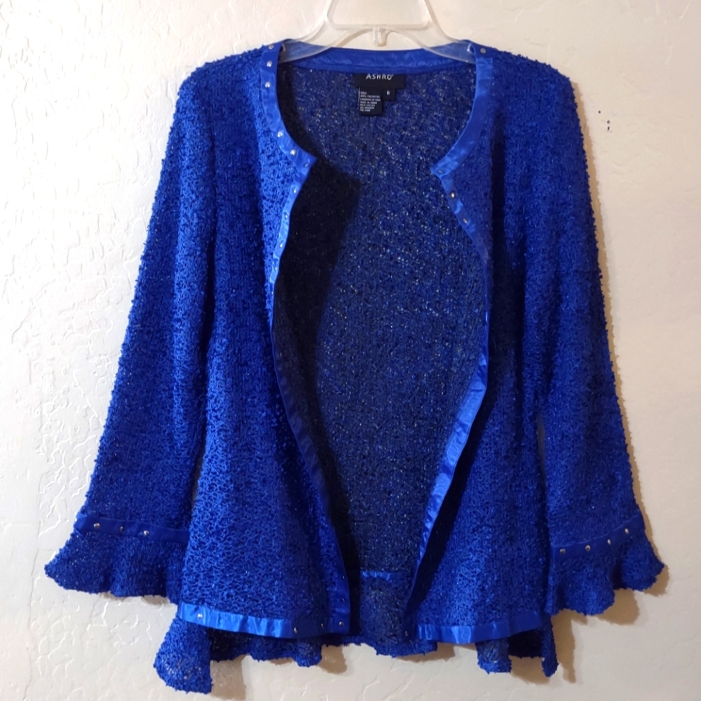 Ashro Long Bell Sleeve Open Front Women Collarless Cardigan size 6 color blue